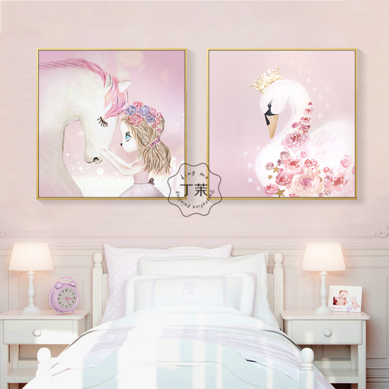 卡通装饰画儿童房卧室女孩挂画独角兽创意粉色壁画北欧正方形墙画图片