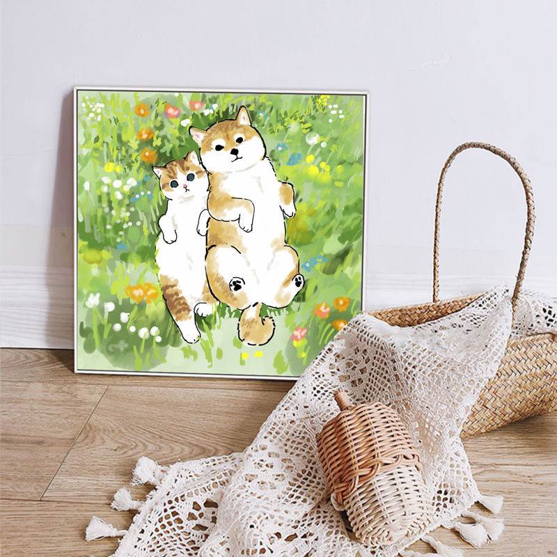 日式可爱猫咪客厅装饰画儿童房卧室床头挂画网红奶茶店背景墙壁画图片