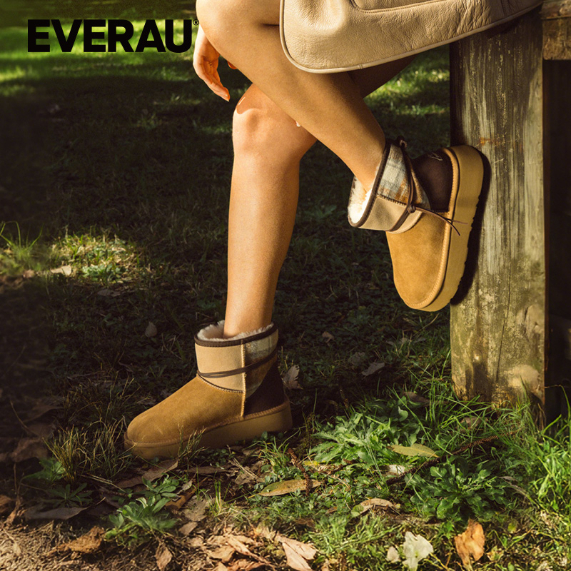 EVERAU羊皮毛一体雪地靴女士冬季新款短筒厚底短靴子EA3190