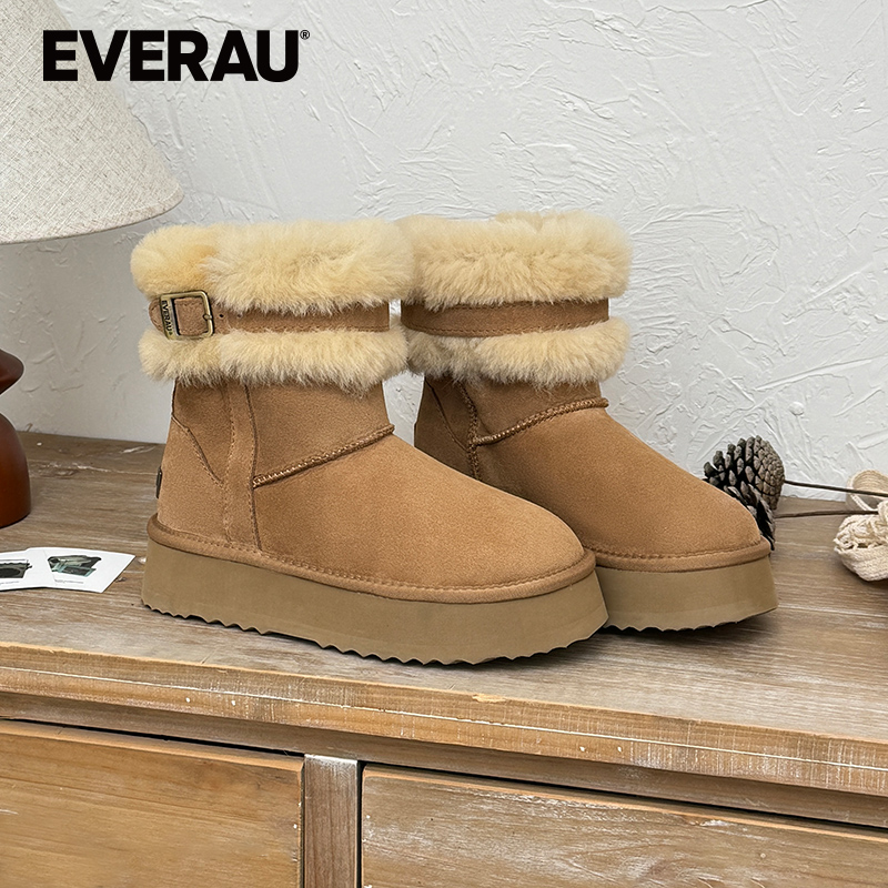 EVERAU短靴雪地靴女士冬季新款羊皮毛一体厚底短靴UEA3019