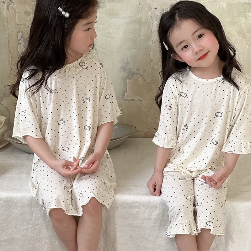 女童睡衣夏季薄款2026新款优可丝花边家居服女孩子宝宝空调服套装