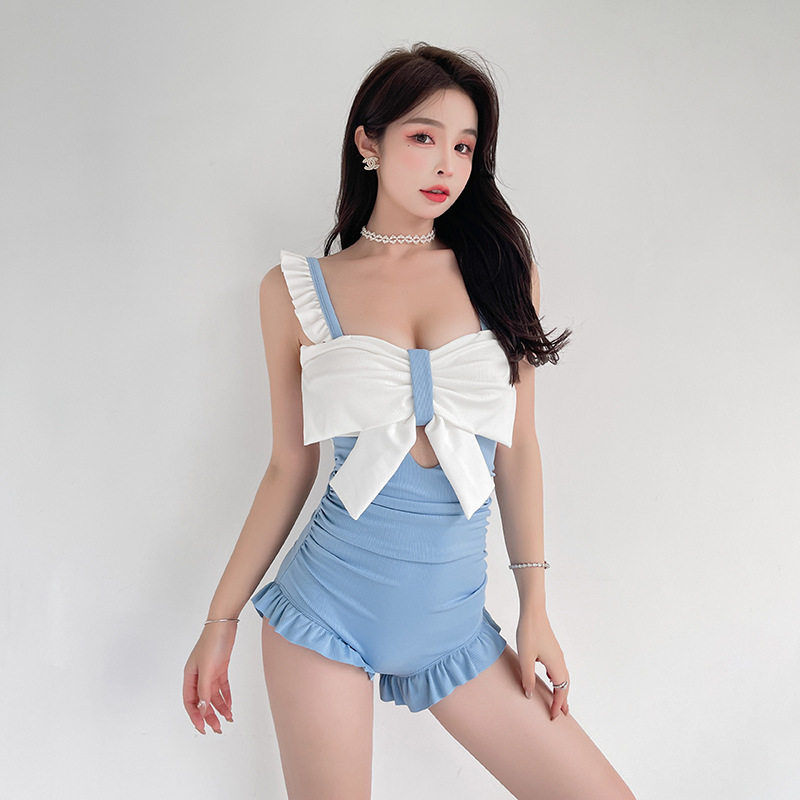 泳衣女纯欲风连体泳装夏荷叶边保守高腰性感超仙小香风游泳衣