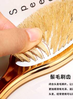 提供电镀款鬃毛椭圆梳高端家用顺发按摩造型梳生态黄鬃毛刷子