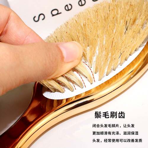 提供电镀款鬃毛椭圆梳高端家用顺发按摩造型梳生态黄鬃毛刷子