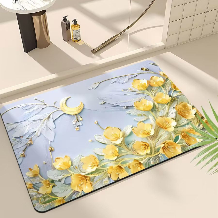 3D油画浴室垫家用卫生间进门吸水地垫防滑硅藻泥厕所垫植物花卉