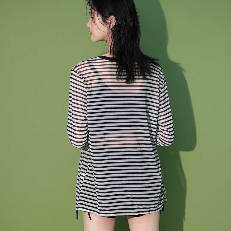 分体三件套泳衣女长袖防晒罩衫平角裤显瘦条纹保守温泉游泳者专用