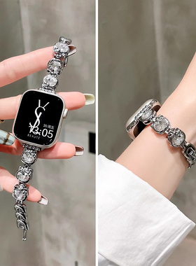 新款KT猫皓石适用iwatchs10表带applewatch9苹果s8手表带s9金属手链s7代se女款ultra手链式watchs654夏天女士