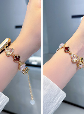 适用applewatchs10表带iwatchs8苹果手表带S7幸运四叶草花朵SE手链式夏季S9金属链条iPhonewatch女款夏天手链