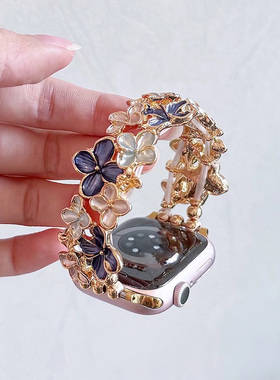 油画风百花高级适用iwatchs10表带applewatch9苹果s8手表带SE代夏季s7手链式iphonewatch6金属女款s9手链夏天