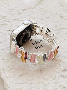 油画彩虹适用iwatch11表带applewatchs10苹果s9s8手表带SE3代s7金属链条iPhonewatch6手链女款夏季透气高级感