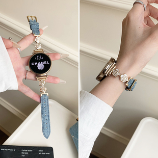 GT3女士watch5金属GT5pro腕表GT2专用E watchgt6女款 新款 山茶花拼牛仔适用华为GT6表带GT5智能手表带GT4秋冬季