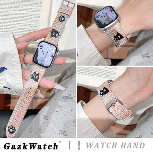 猫咪刺绣适用iwatchs10表带applewatchs9苹果手表带s8编织s7代se女款iphonewatchs6皮质s5女士s10秋冬季s4321