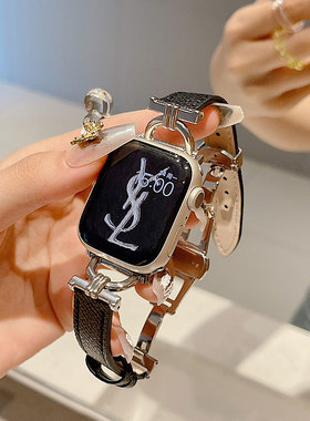 适用苹果手表iwatchs10表带s9金属蝴蝶扣s8/s7拼接真皮watchse新款applewatch54代SE女款iPhonewatch高级46mm