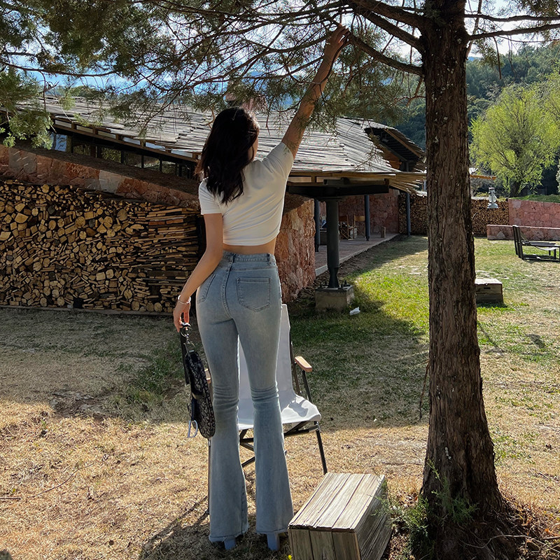 XIAOLI CHOPSTICKS ESSENCE 2.0 PEAR-SHAPED FIGURE LIGHT-COLORED HIGH-WAISTED STRAIGHT-LEG SLIGHTLY FLARE JEANS SPRING AND SUMMER THIN PANTS