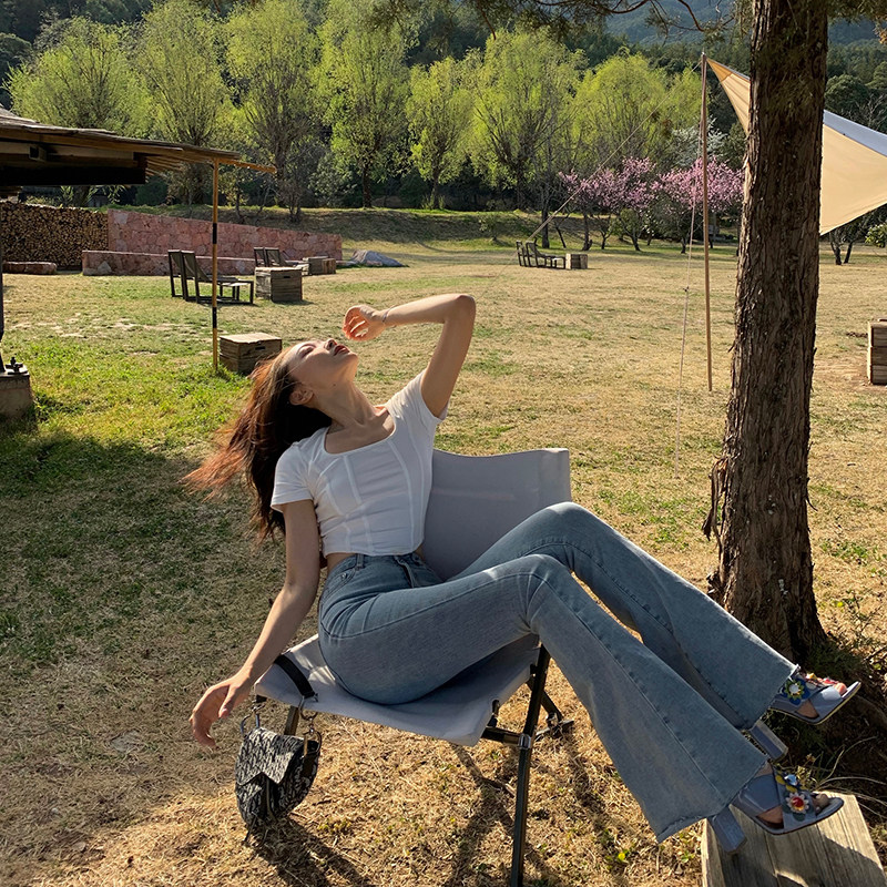 XIAOLI CHOPSTICKS ESSENCE 2.0 PEAR-SHAPED FIGURE LIGHT-COLORED HIGH-WAISTED STRAIGHT-LEG SLIGHTLY FLARE JEANS SPRING AND SUMMER THIN PANTS