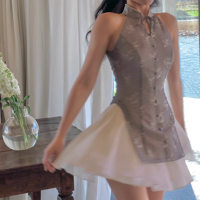 小丽XIAOLI雾里看花新中式改良旗袍碎花挂脖连衣裙夏小个甜辣妹裙