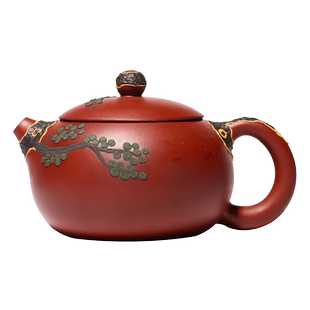 创意宜兴紫砂壶纯手工泥绘松针西施壶功夫茶具原矿大红袍球孔茶壶