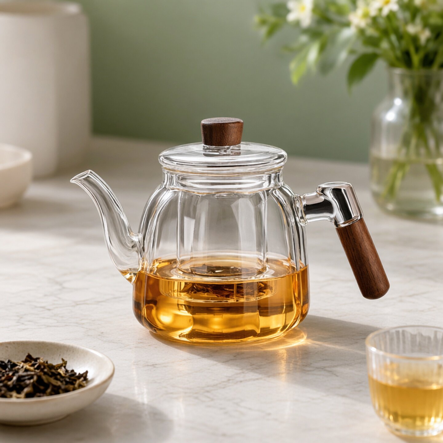 加厚耐高温玻璃茶壶实木把过滤