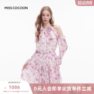 MISSCOCOON可可尼挂脖长袖裙子女2025秋季新款法式度假印花连衣裙