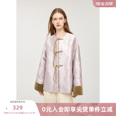 miss COCOON流苏盘扣玉石点缀上衣秋新款女丝绒拼接宽松外套