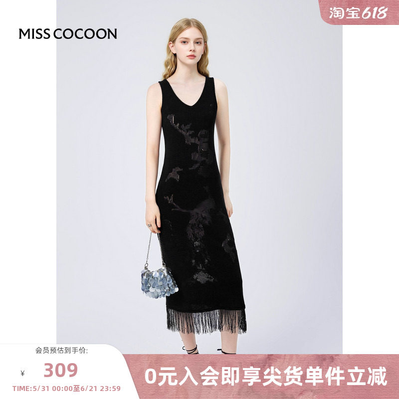 MISSCOCOON夏季新款复古高级感镂空国风提花长款针织包身连衣裙