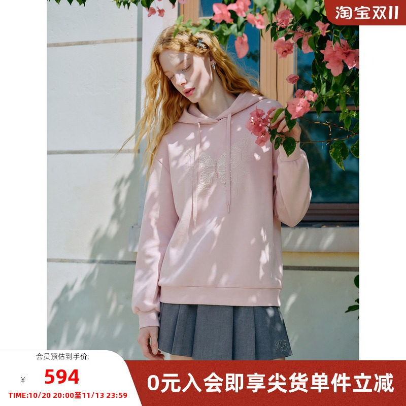MISSCOCOON可可尼蕾丝粉色上衣女2026春季新款连帽莫代尔棉感卫衣