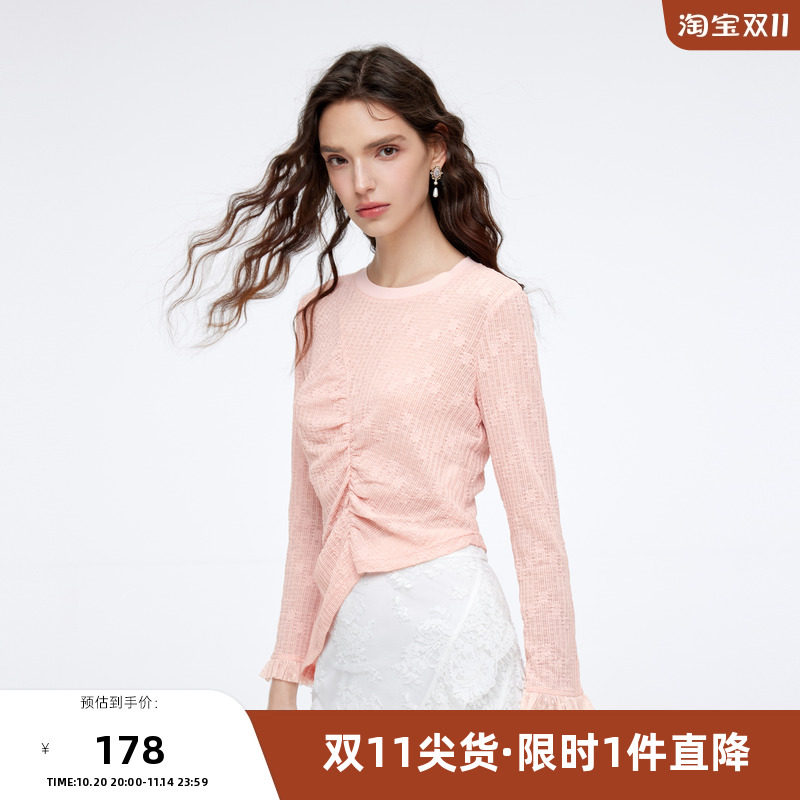 missCOCOON透气定制提花上衣2025秋新女蕾丝荷叶边下摆不对称T恤