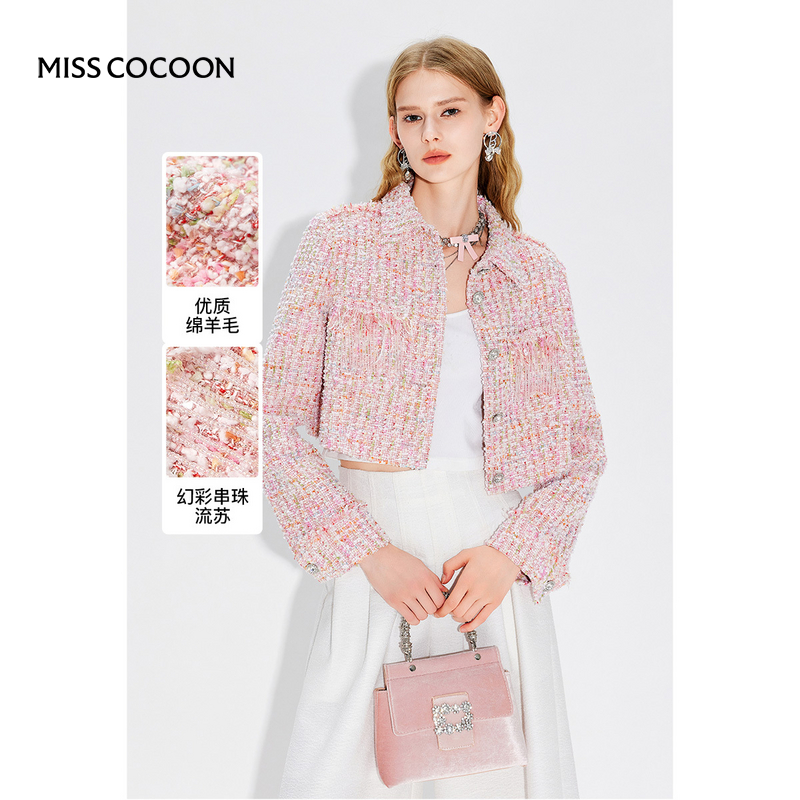 【添添kindiy】MISSCOCOON浪漫小香风混色纱截短毛边短外套