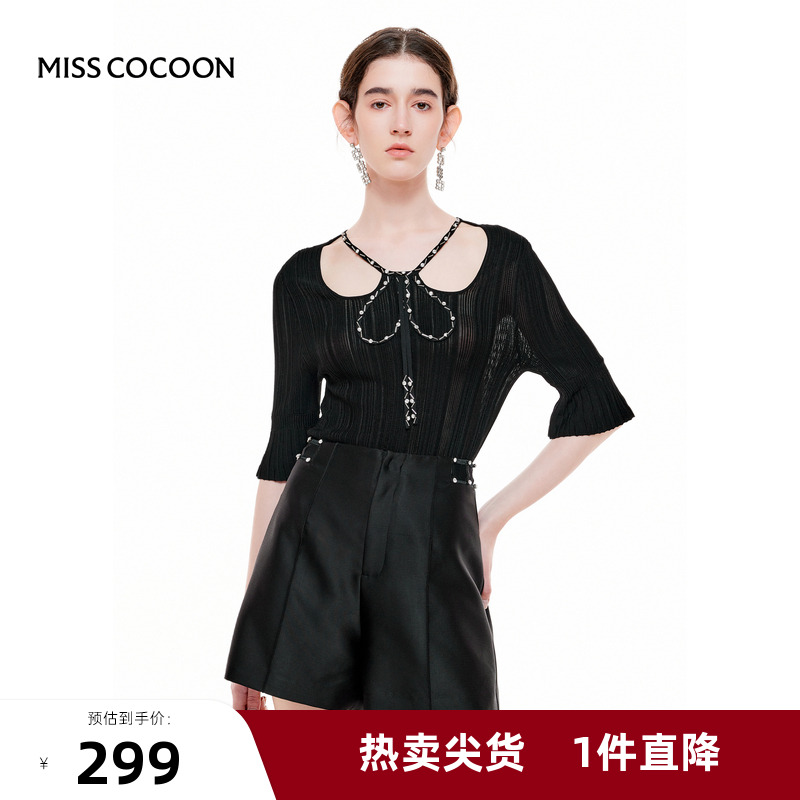MISSCOCOON【金粉绮生】夏新款浪漫蝴蝶结挖肩高弹针织上衣