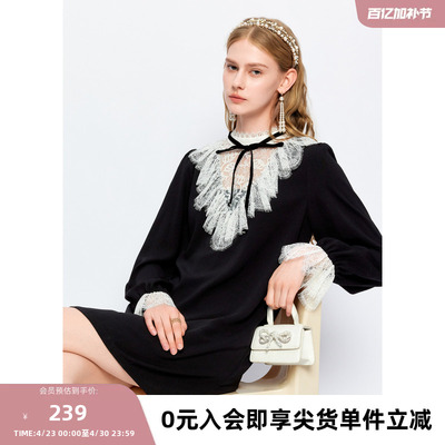 missCOCOON【莫奈花园】春新款宫廷蕾丝拼接荷叶边泡泡袖连衣裙