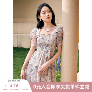 missCOCOON时尚裙子2026夏新女纯欲风仙女蕾丝网纱中款方领连衣裙