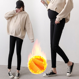 秋冬辣妈小脚裤 大码 加绒加厚牛仔裤 子冬装 怀孕期托腹200斤 孕妇裤