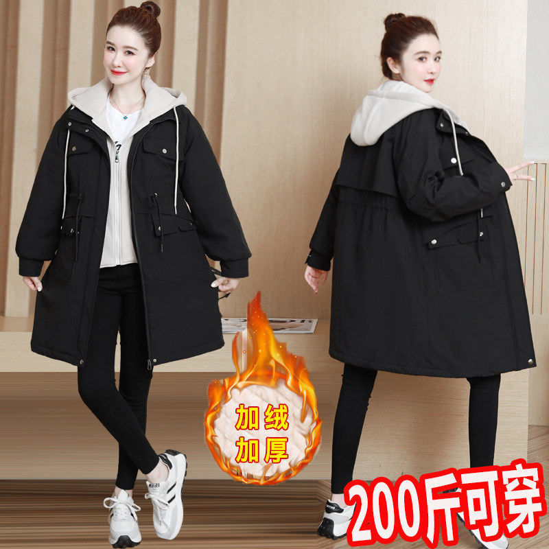 胖MM孕妇装冬季保暖外套加绒加厚大码200斤连帽羊羔毛派克服棉衣