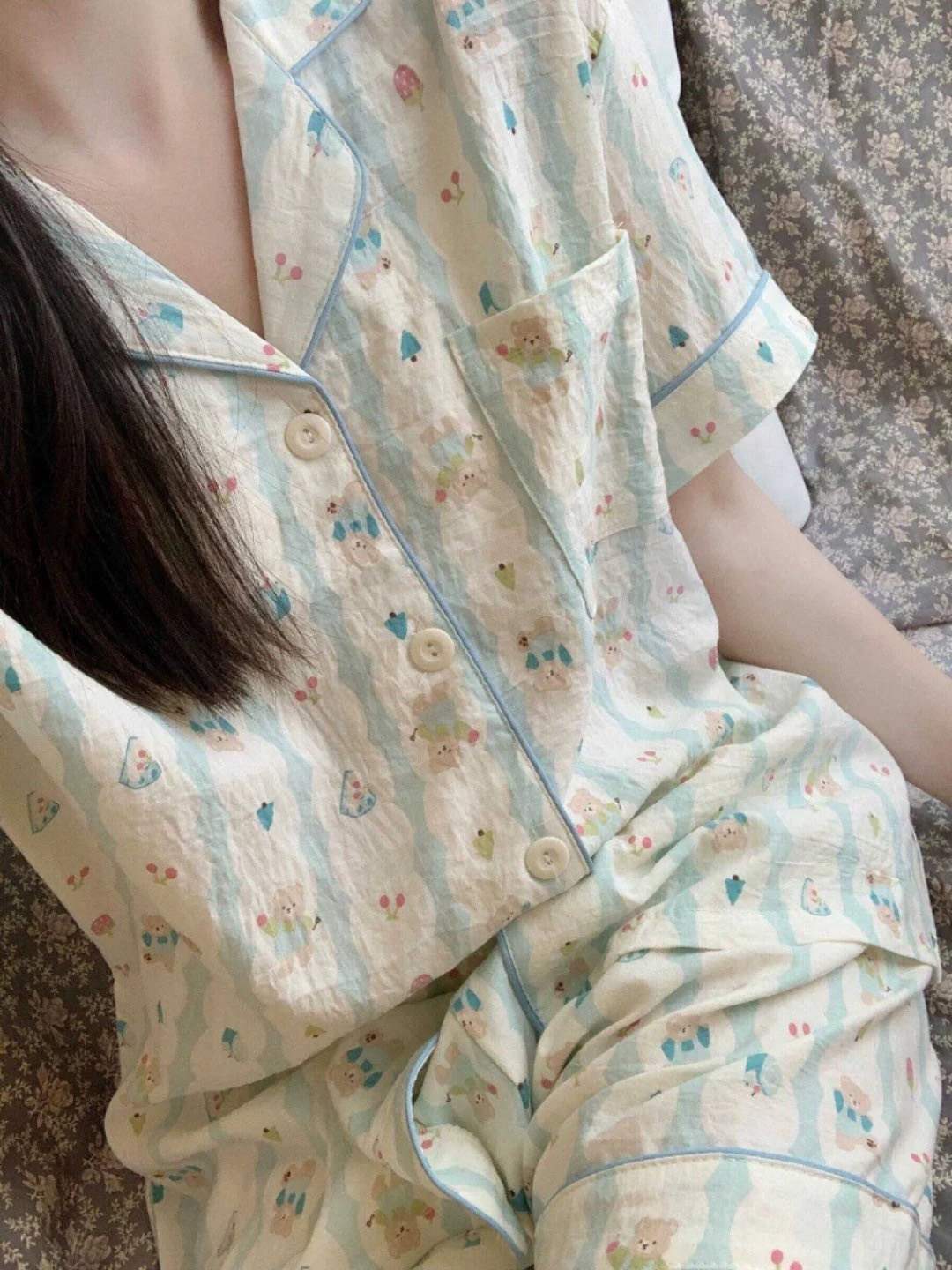 【三件套】奶fufu~云朵可爱小熊睡衣女短袖长裤少女款家居服D