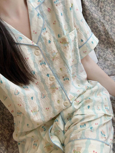 【三件套】奶fufu~云朵可爱小熊睡衣女短袖长裤少女款家居服Ｄ