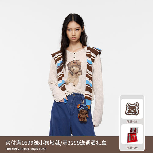 REVAN芮范设计师款复古飞行帽小熊印花长袖T恤RK91001313