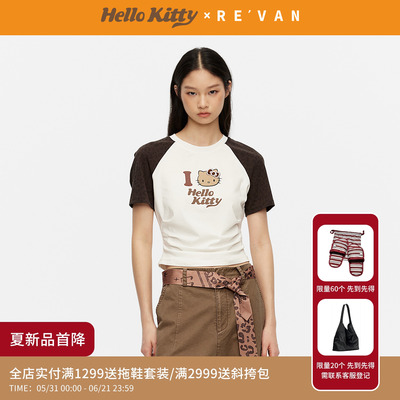 REVAN芮范黑皮HelloKitty童趣元气感撞色豹纹短袖T恤RK31001029