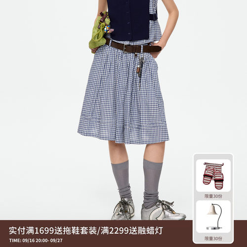REVAN芮范设计师款金属挂饰蓝白格纹伞摆裙裤RK71303170