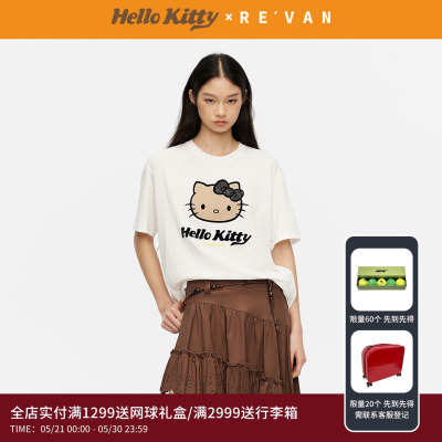 REVAN芮范黑皮HelloKitty假日感鱼子酱白色宽松T恤RK31001038