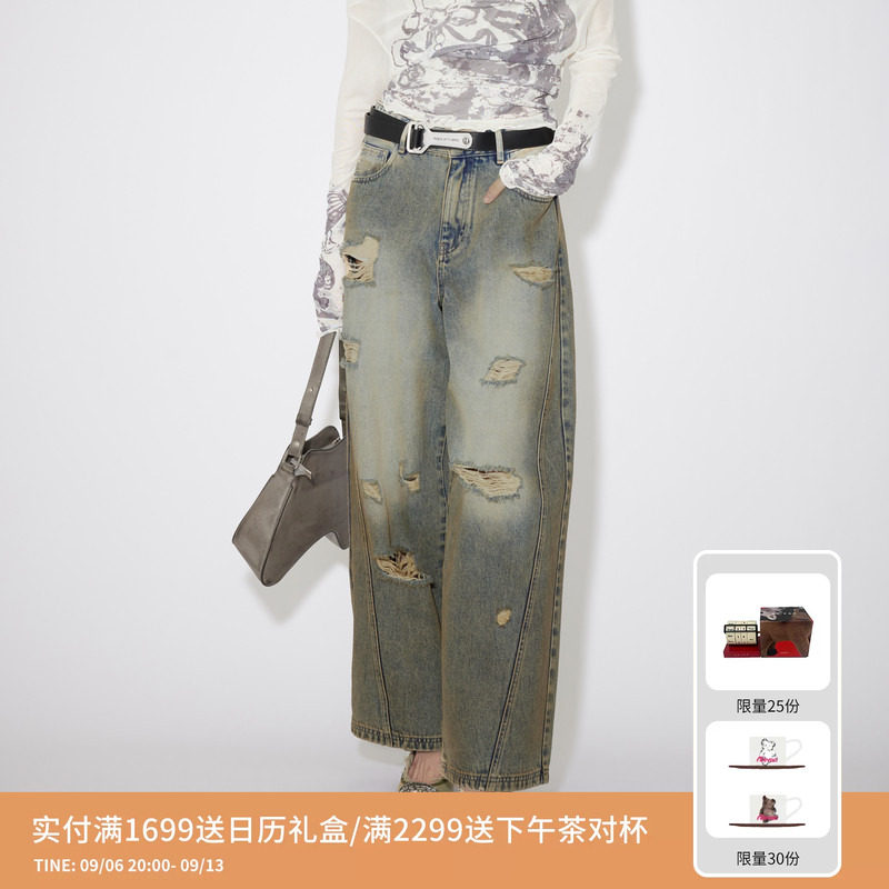 REVAN芮范设计师款美拉德烫钻破洞牛仔裤RM31302172图片
