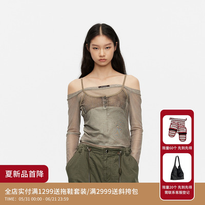 REVAN芮范设计师款松弛半透网纱一字肩假两件上衣RK30801511