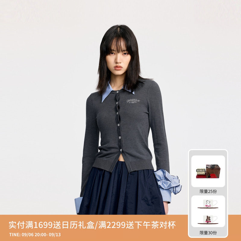 【刘些宁同款】REVAN芮范条纹假两件针织开衫RL32801017图片