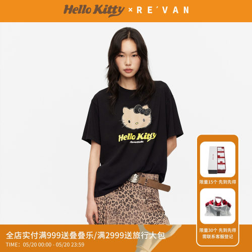 REVAN芮范黑皮HelloKitty假日感鱼子酱黑色宽松T恤RK31001039