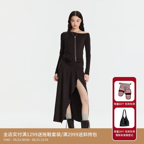 REVAN芮范设计师款浪漫摩登斜肩连衣裙RM91101159