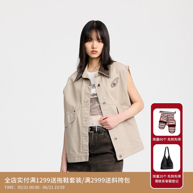 REVAN芮范设计师款钉钻翅膀卡其牛仔马甲RL30703162