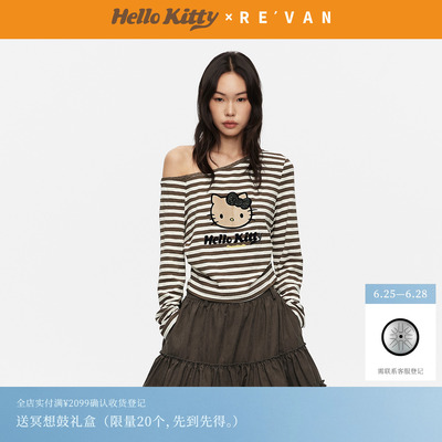 REVAN芮范黑皮HelloKitty咖啡白条纹斜肩长袖T恤RK31001058