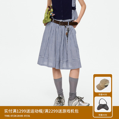REVAN芮范设计师款金属挂饰蓝白格纹伞摆裙裤RK71303170
