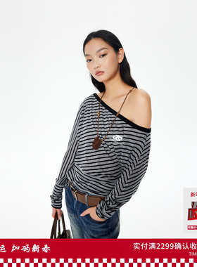 REVAN芮范设计师款斜肩中空绣蝙蝠长袖T恤RL91001495