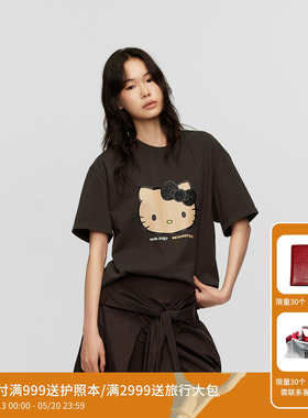 REVAN芮范黑皮HelloKitty松弛感咖啡色宽松T恤RK31001492