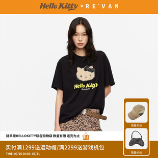 REVAN芮范黑皮HelloKitty假日感鱼子酱黑色宽松T恤RK31001039